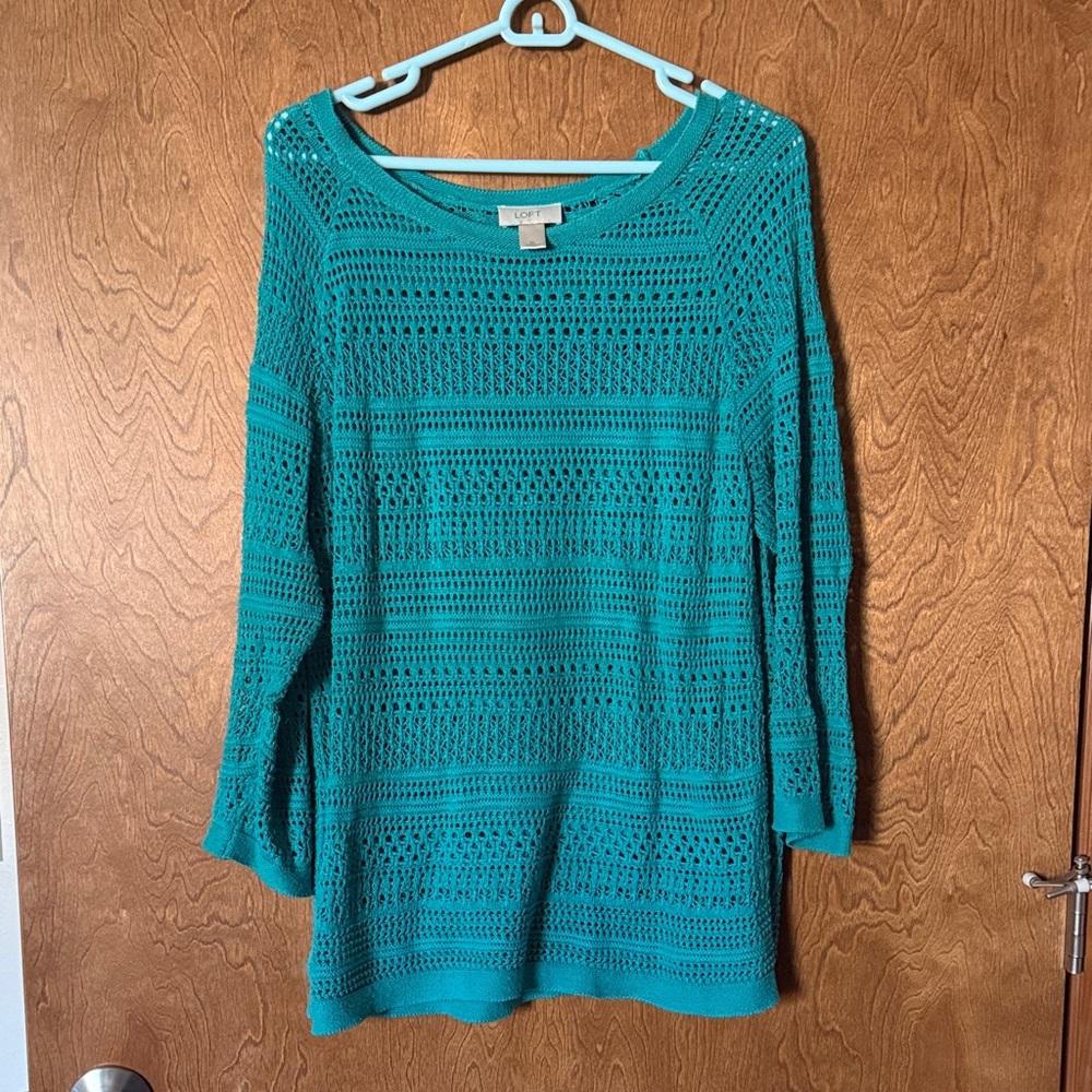 LOFT Teal Open-Weave Scoop Neck Sweater